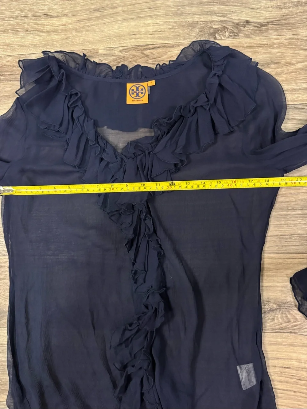 Tory Burch 100% Silk Sheer Ruffle-Trim Button Front Blouse in Navy Blue Size 8